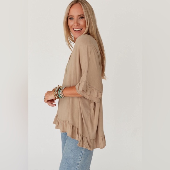 Light French Beige Loose Ruffled V Neck Blouse Bohemian Top - Picture 3 of 14